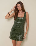 Lalaurie Scoop Neck Mini Dress in Mixed Drape Sequin Khaki
