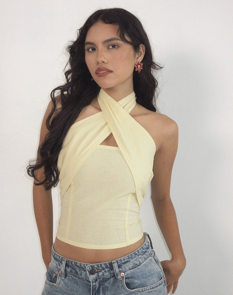 Lasy Linen Wrap Halterneck Top in Lemon