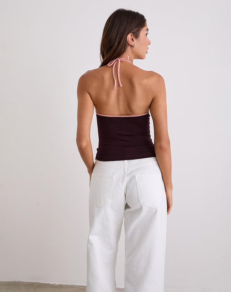 Lay Halterneck Top in Redwood with Pink Lady Binding