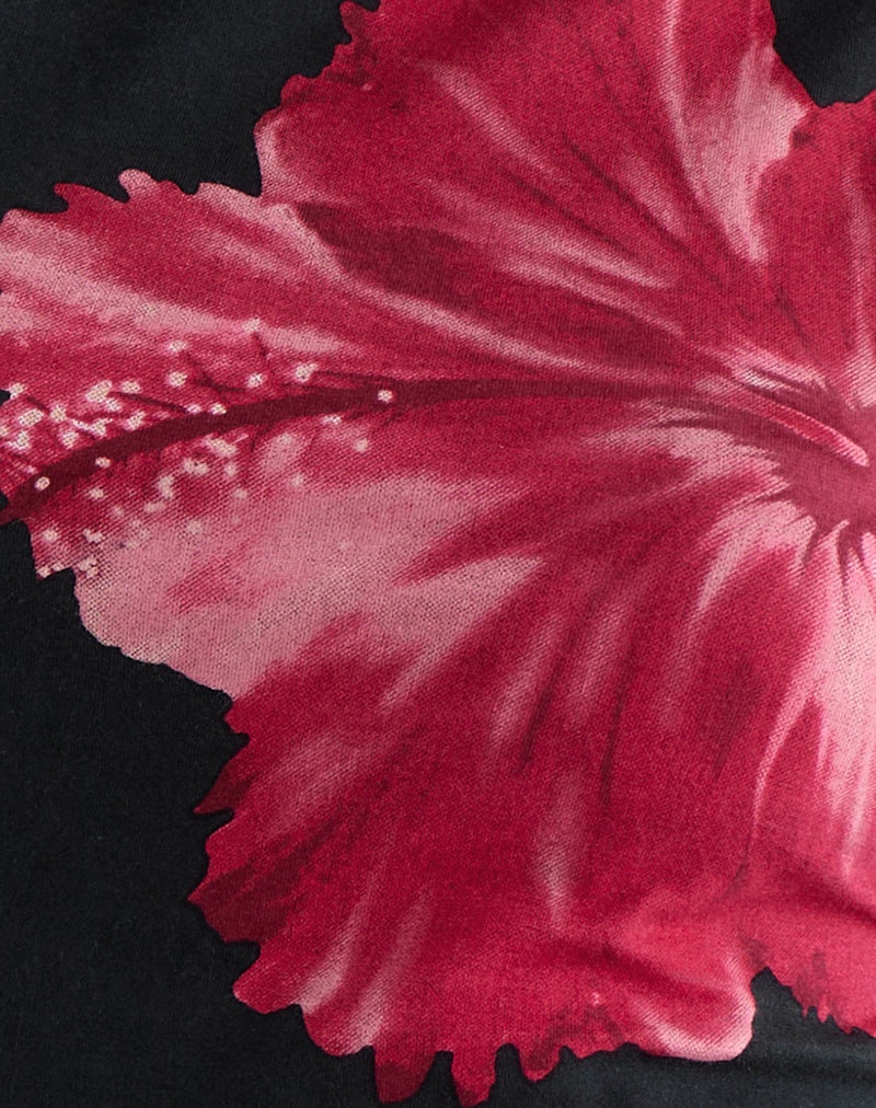 Leen Top in Black Hibiscus Flower Pink
