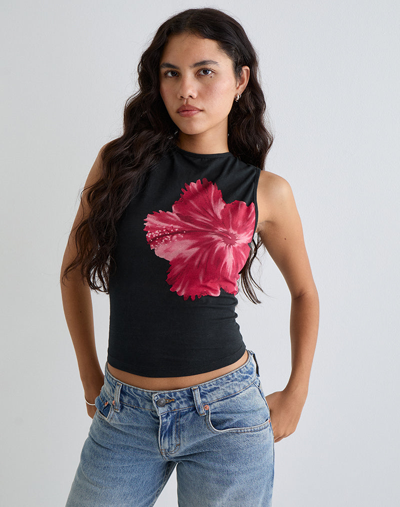Leen Top in Black Hibiscus Flower Pink