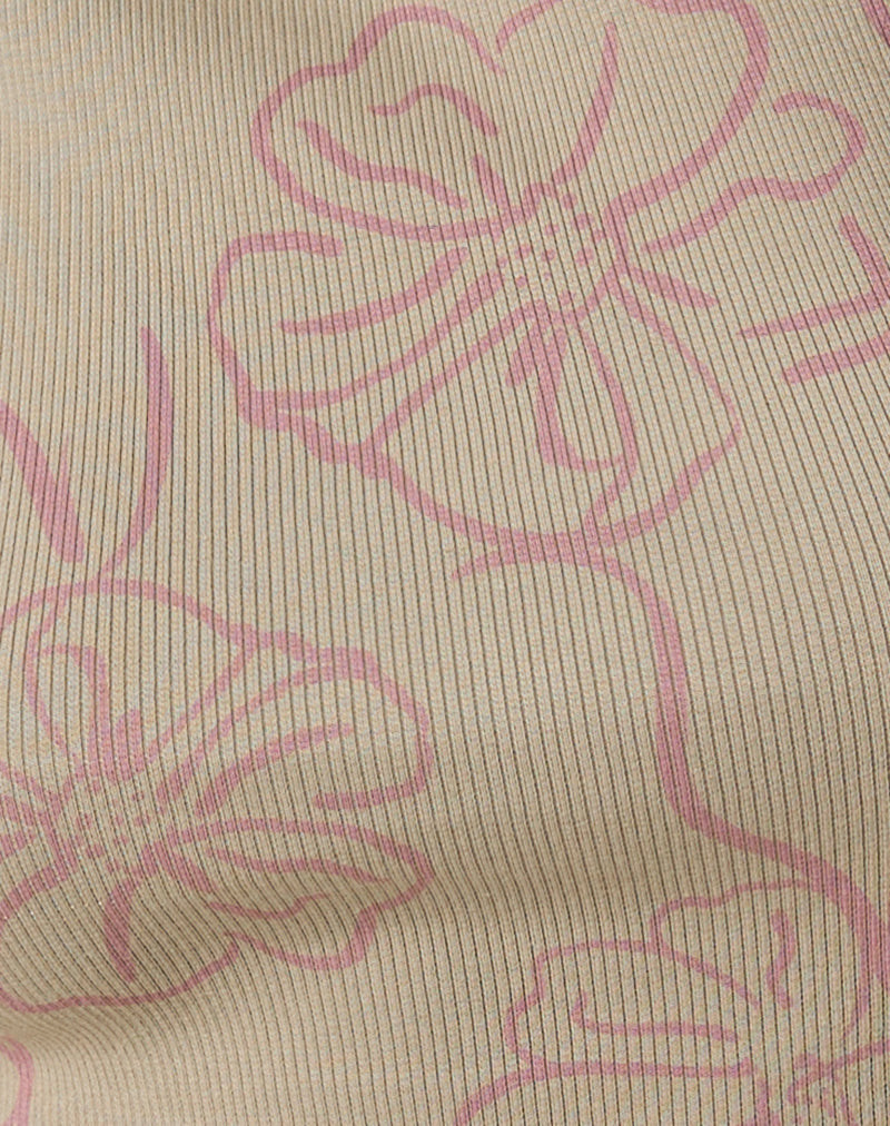 Leen Tank Top in Khaki Hibiscus Doodle Pink