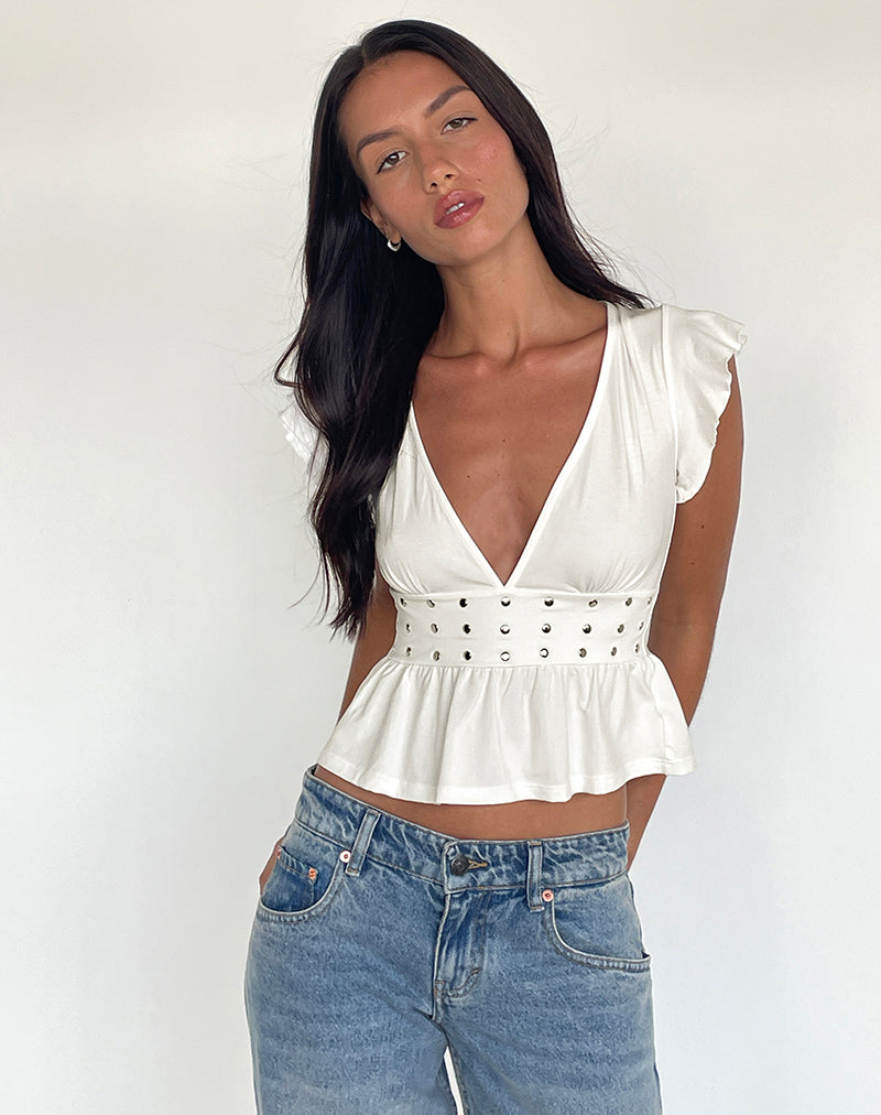 Leisma Frill Top in Jersey White with Studs