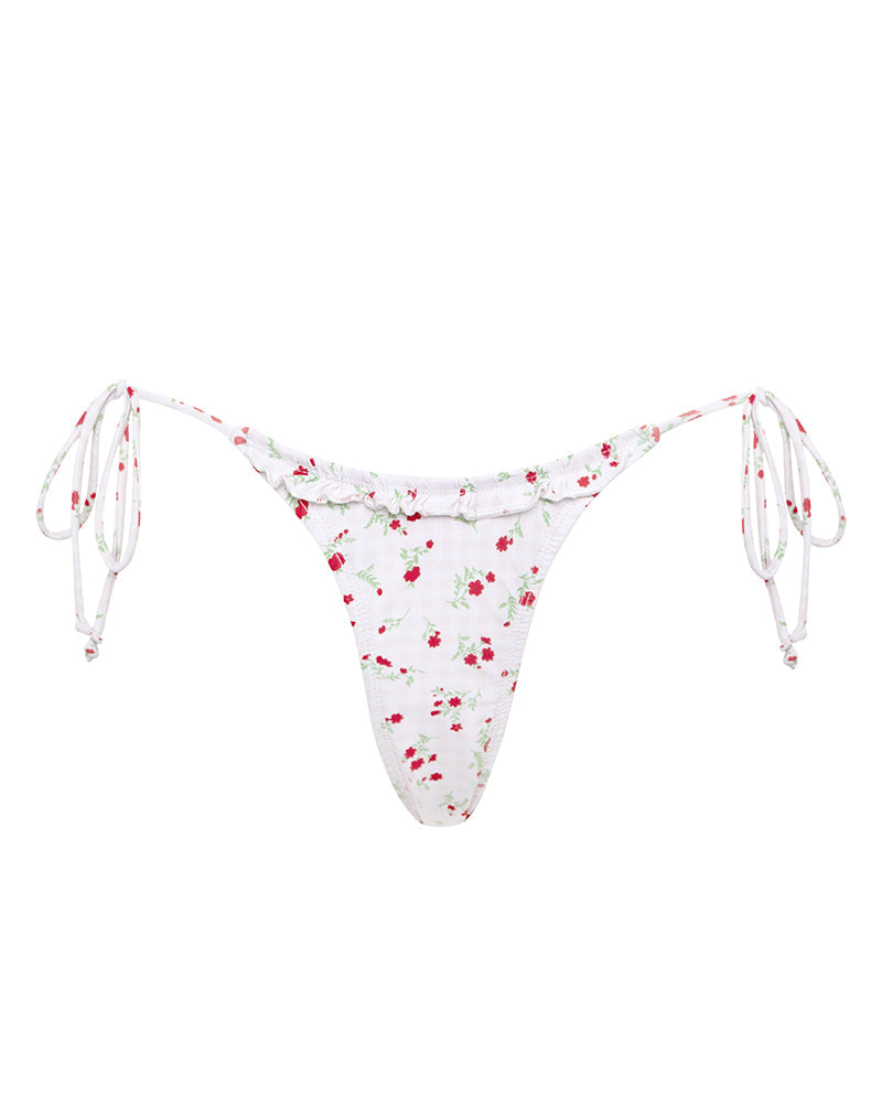Lentra Bikini Bottom in Red Floral Beige Gingham with Ruffle