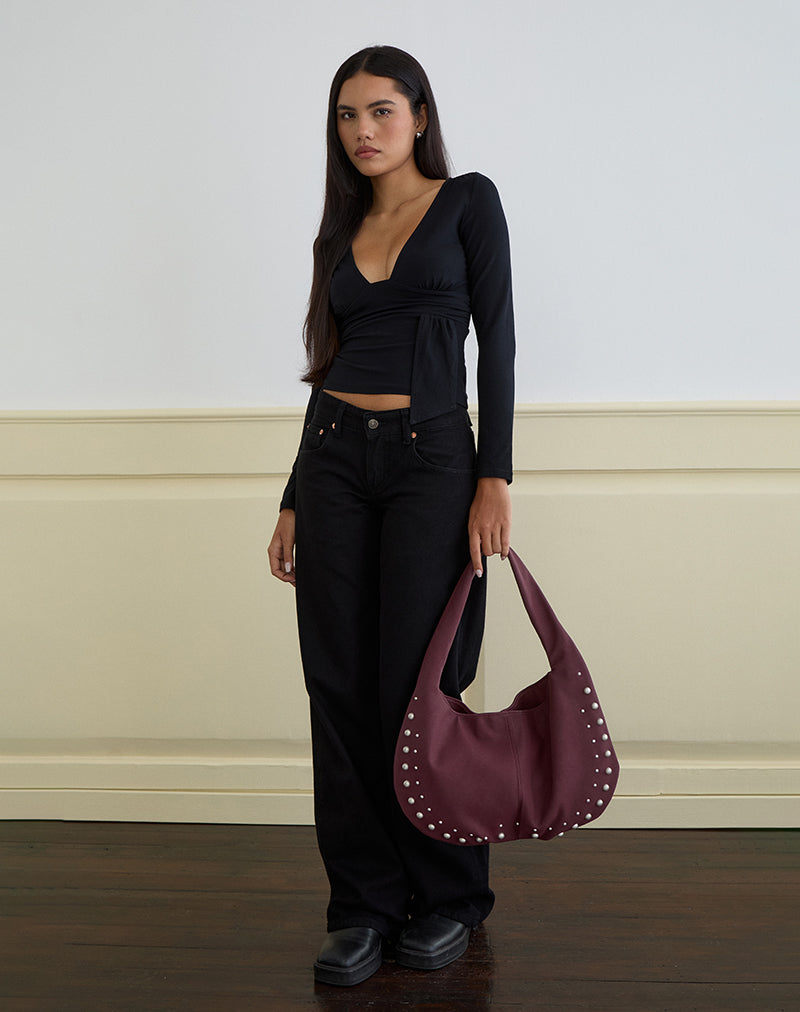 Studded Slouch Bag in Burgundy