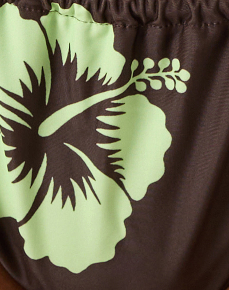 Leyna Bikini Bottom in Brown and Green Mono Hibiscus with Beads