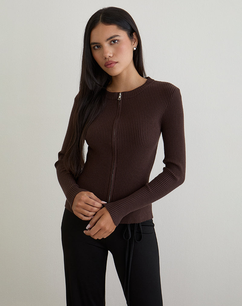 Liano Zip Cardigan in Rib Knit Brown