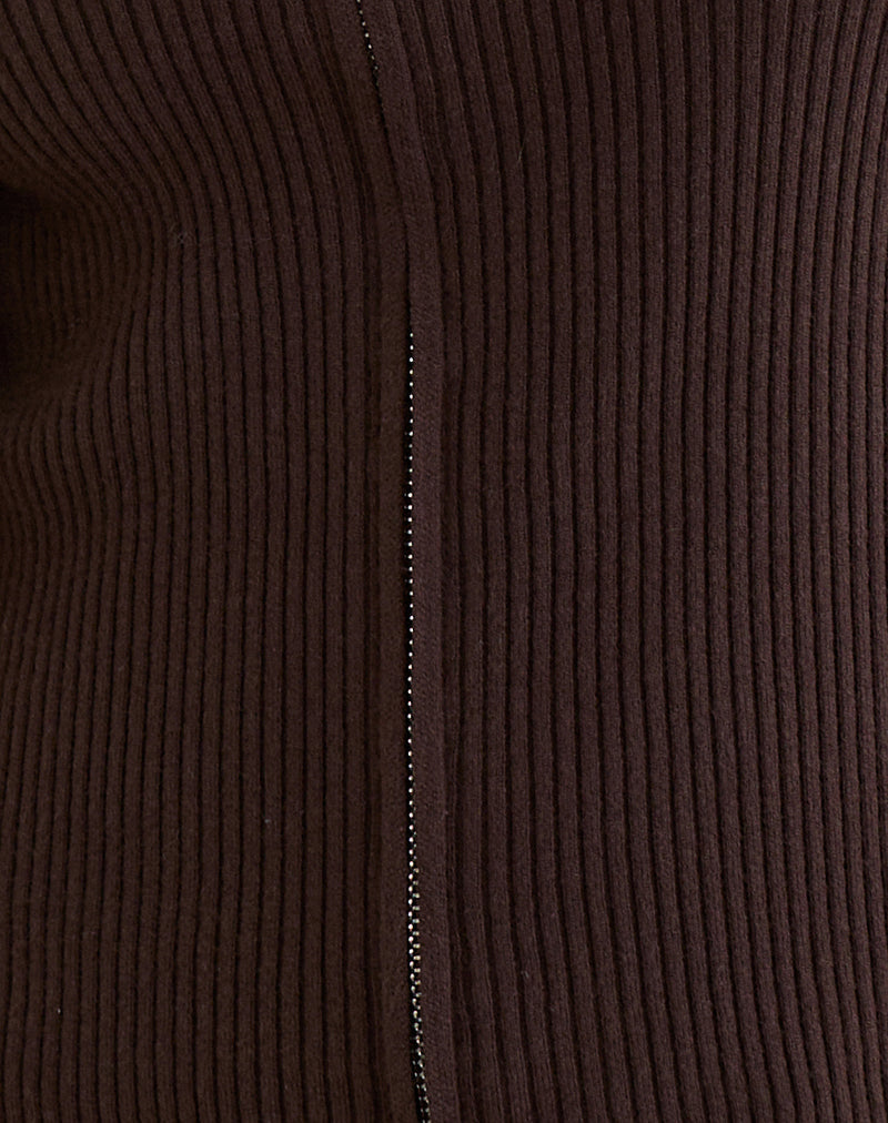 Liano Zip Cardigan in Rib Knit Brown