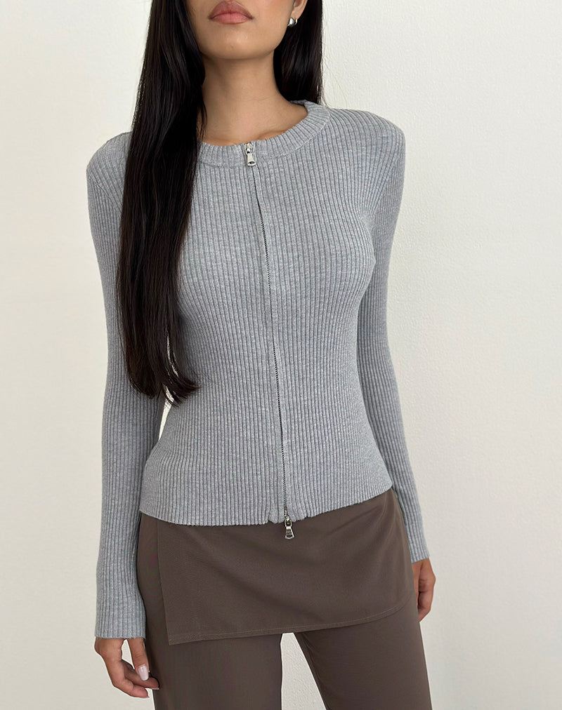 Liano Zip Cardigan in Rib Knit Grey