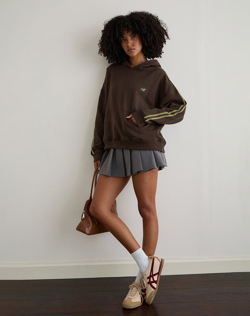 Lingwu Hoodie in Bitter Chocolate with Green Binding and M Embroidery
