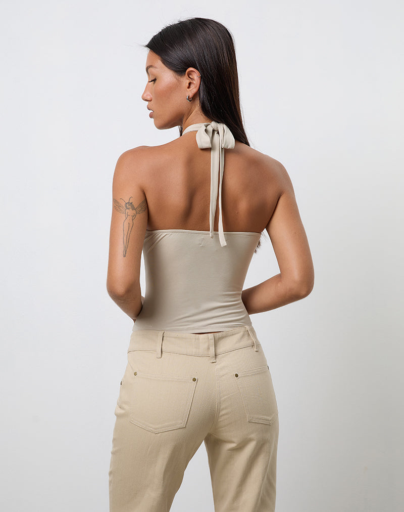 Lorie Halterneck Top in Cupro Oatmilk with Metal Ring