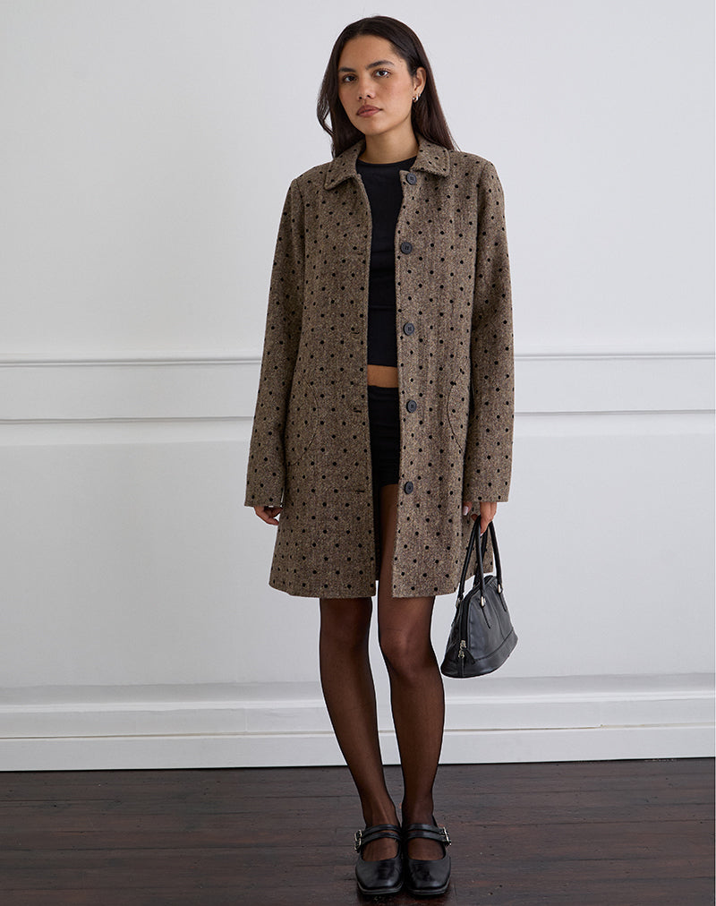 Lirena Longline Coat in Polka Brown