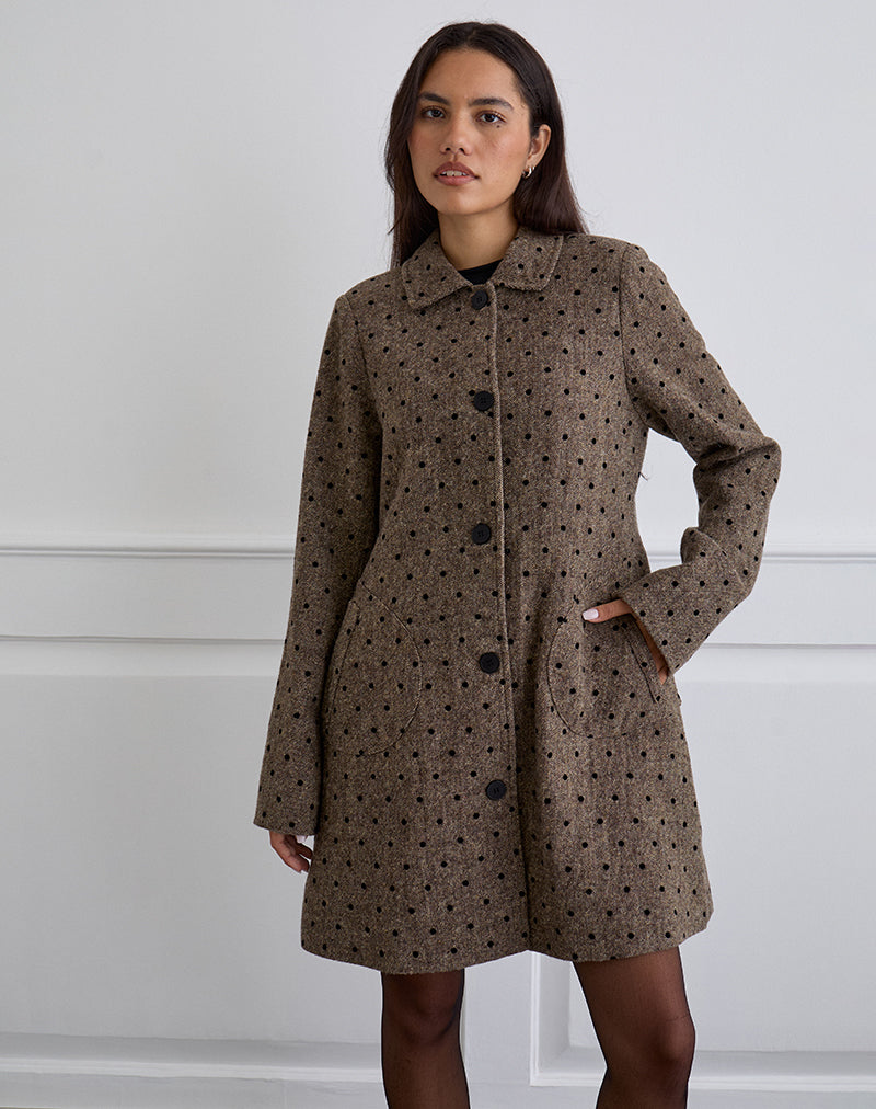 Lirena Longline Coat in Polka Brown