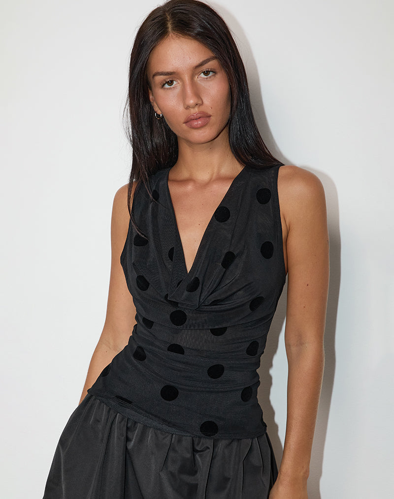 Losa Cowl Neck Top in Big Polka Flock Black