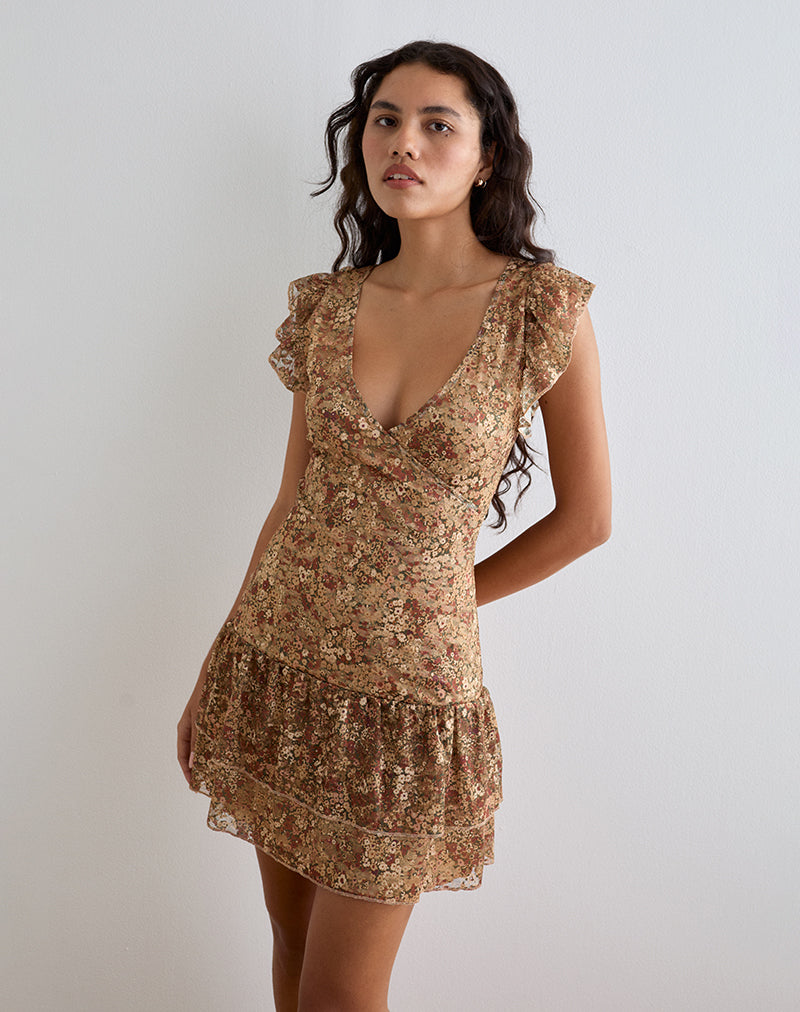 Lotri Wrap Mini Dress in Cluster Floral Brown