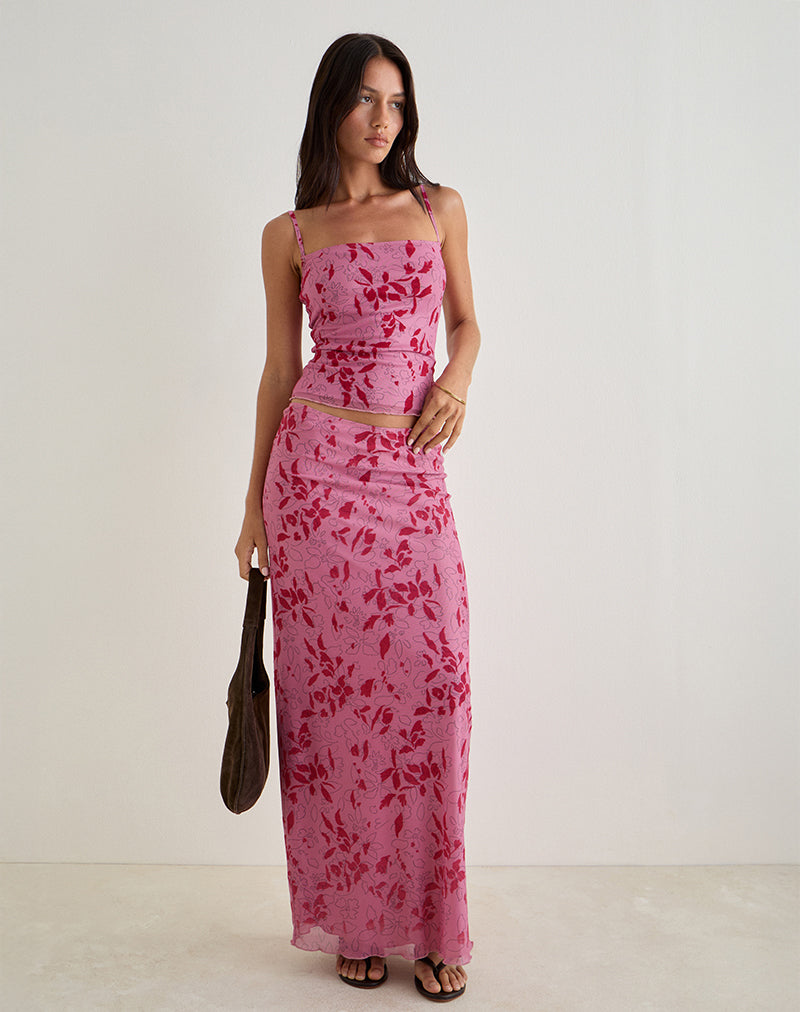 Alfreda Maxi Skirt in Stencil Flower Pink