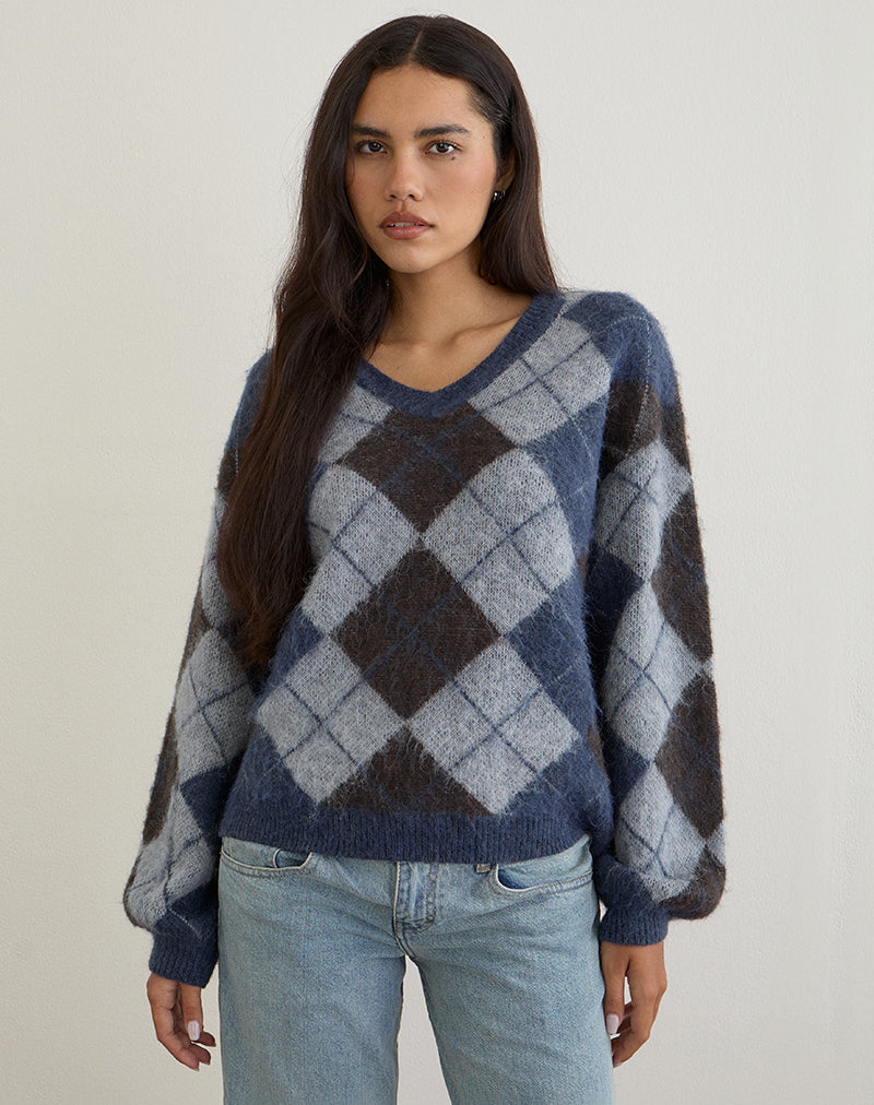 Louna Jumper in Knit Argyle Check Navy