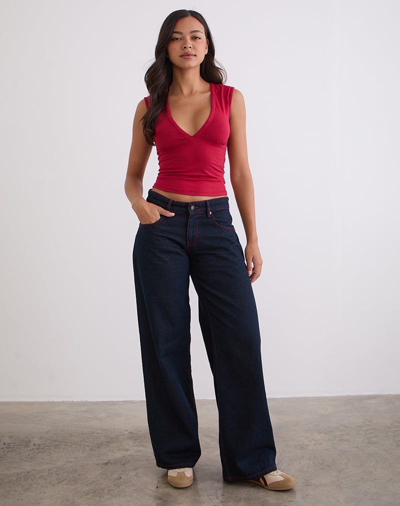 Low Rise Roomy Jeans in Indigo with Red Stitch