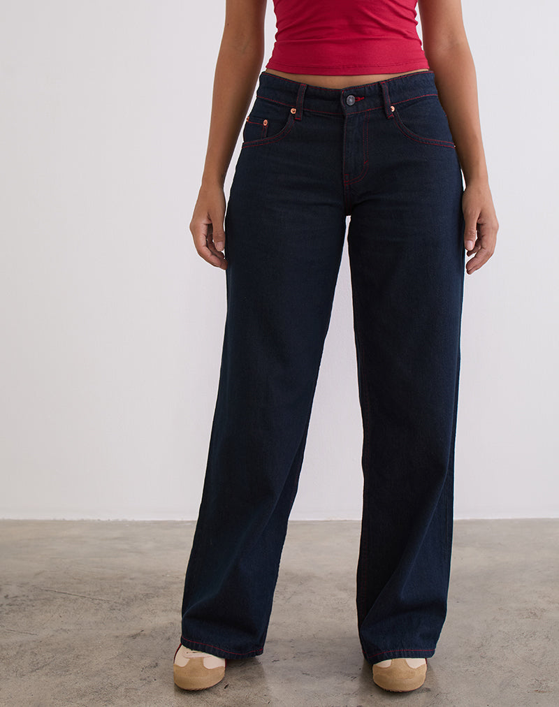 Low Rise Roomy Jeans in Indigo with Red Stitch