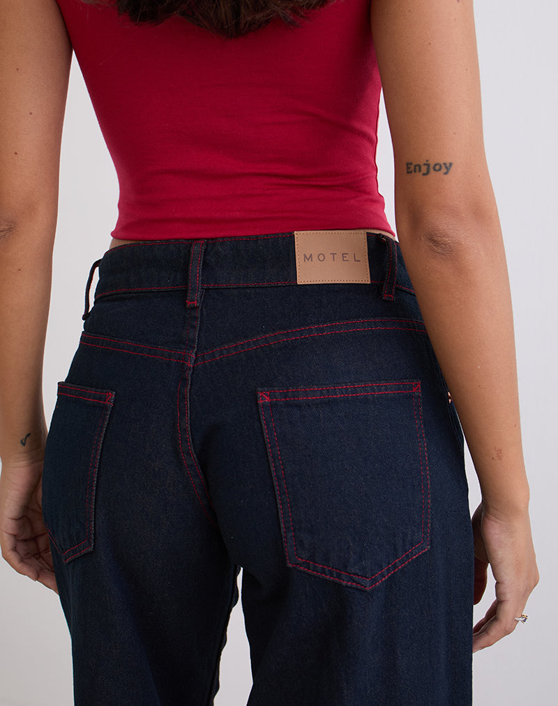 Low Rise Roomy Jeans in Indigo with Red Stitch