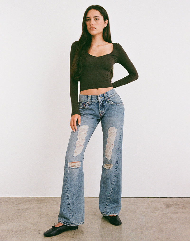 Low Rise Twisted Seam Ripped Jean in True Blue