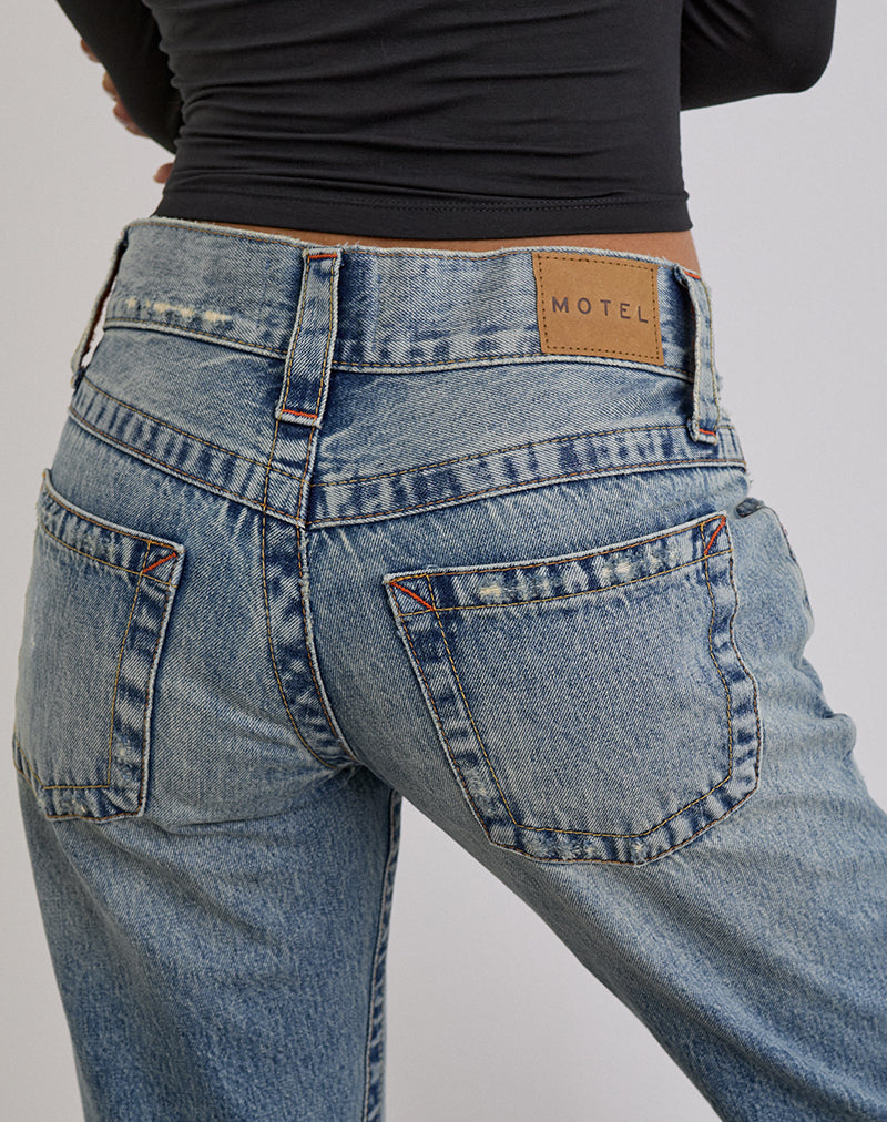Low Rise Twisted Seam Ripped Jean in True Blue