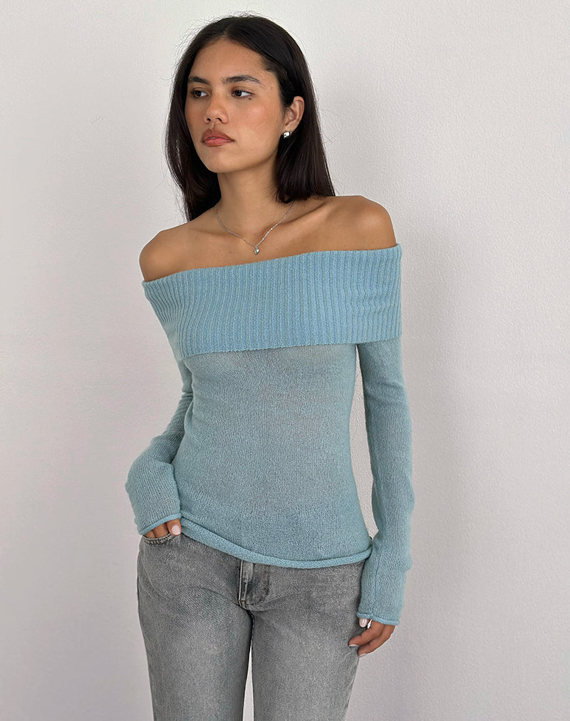 Lune Bardot Jumper in Knit Blue
