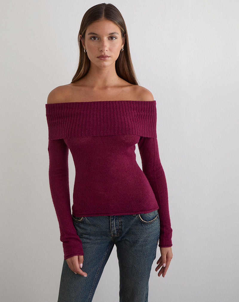 Lune Bardot Jumper in Knit Wine