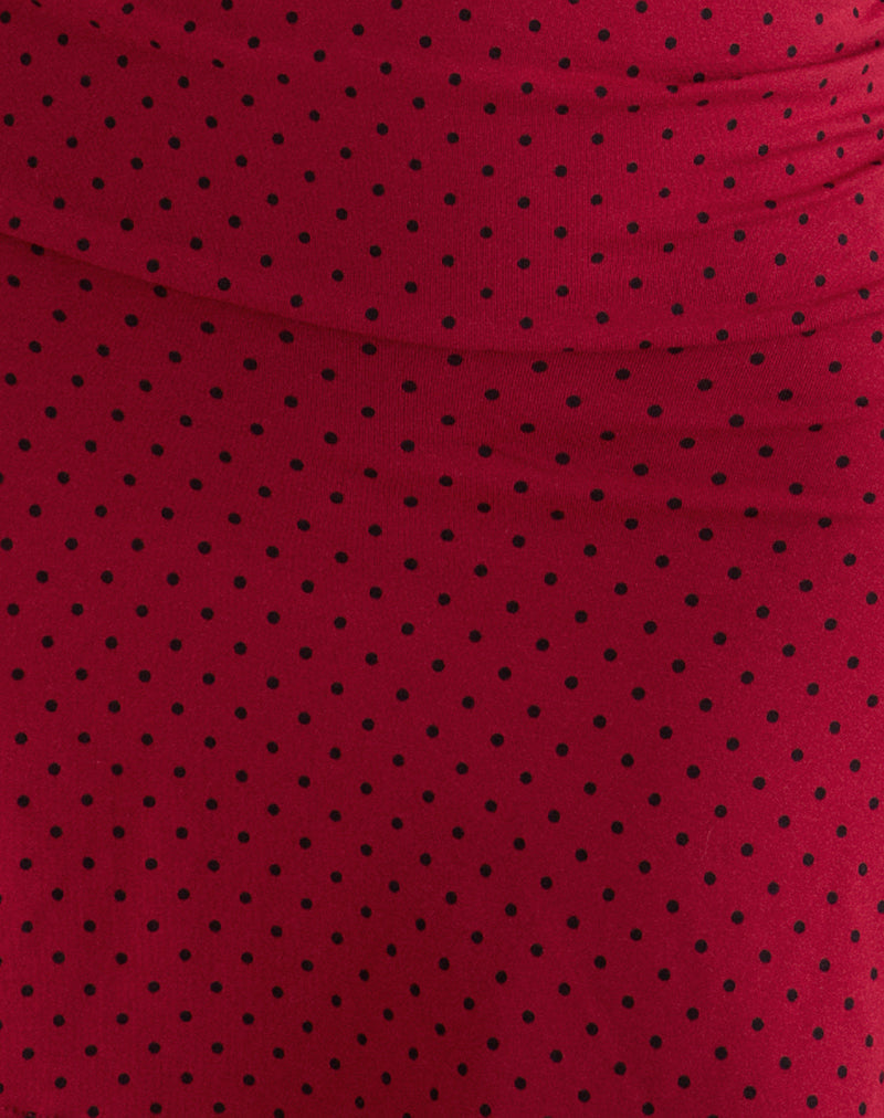 Luscian Plunge Mini Dress in Red with Black Micro Polka Print