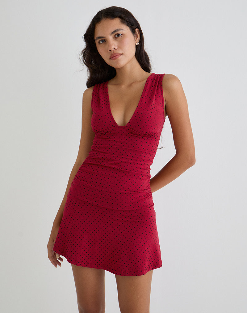 Luscian Plunge Mini Dress in Red with Black Micro Polka Print