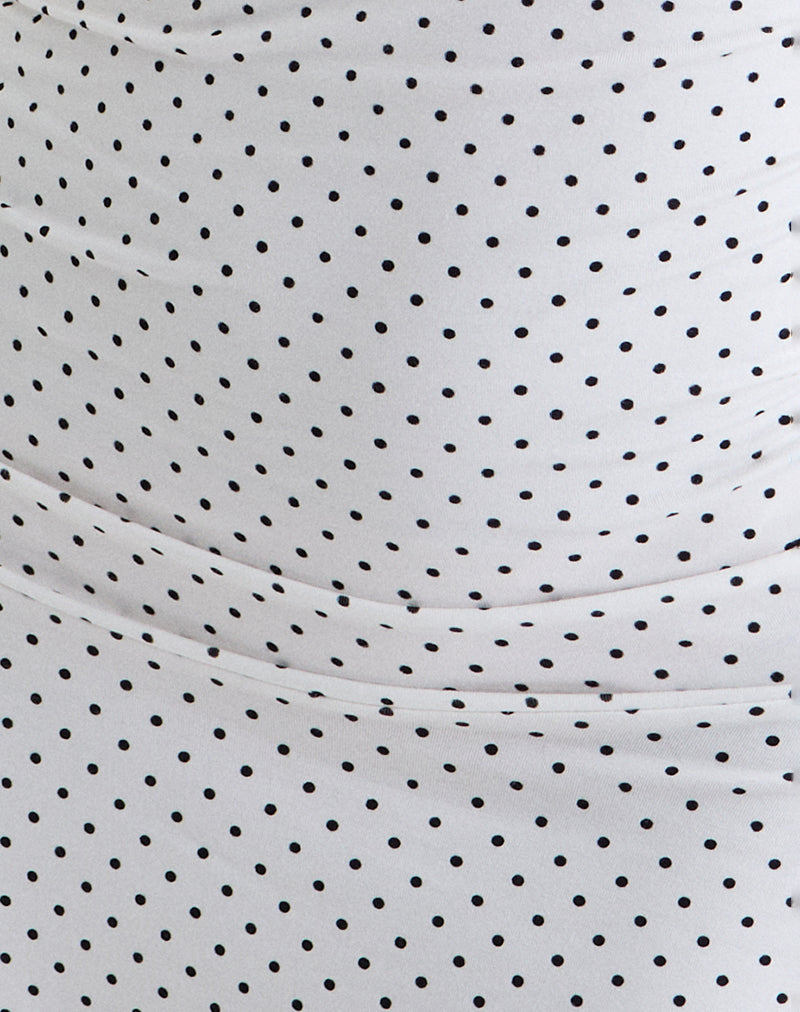 Luscian Plunge Mini Dress in White with Micro Polka Black