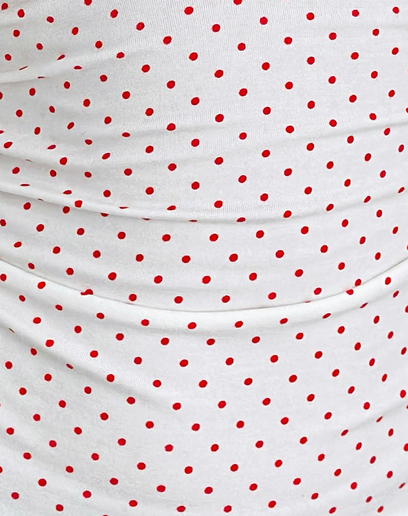 Lycia Plunge Top in White with Red Micro Polka Print
