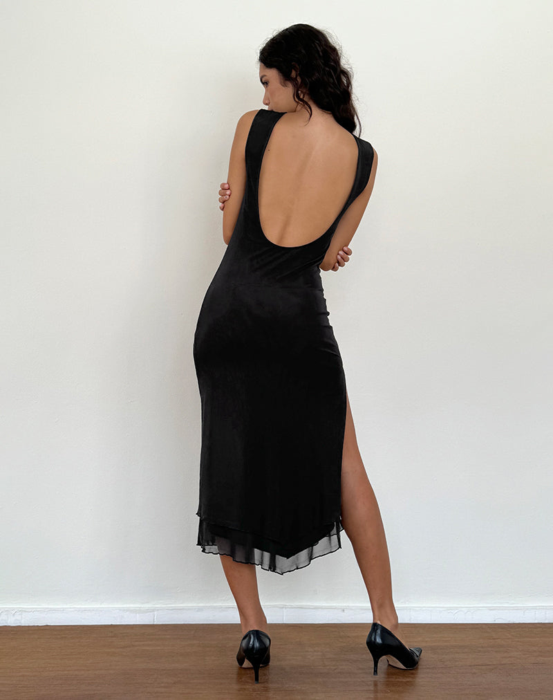 Lyra Backless Midi Dress in Mesh Black