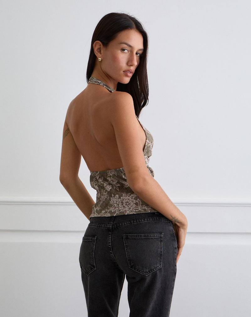 Mabli Halterneck Top in Textured Woven Floral Green