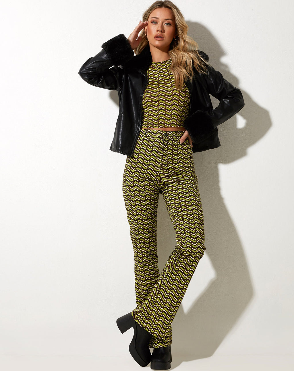 Zoven Flare Trouser in Chevron Green
