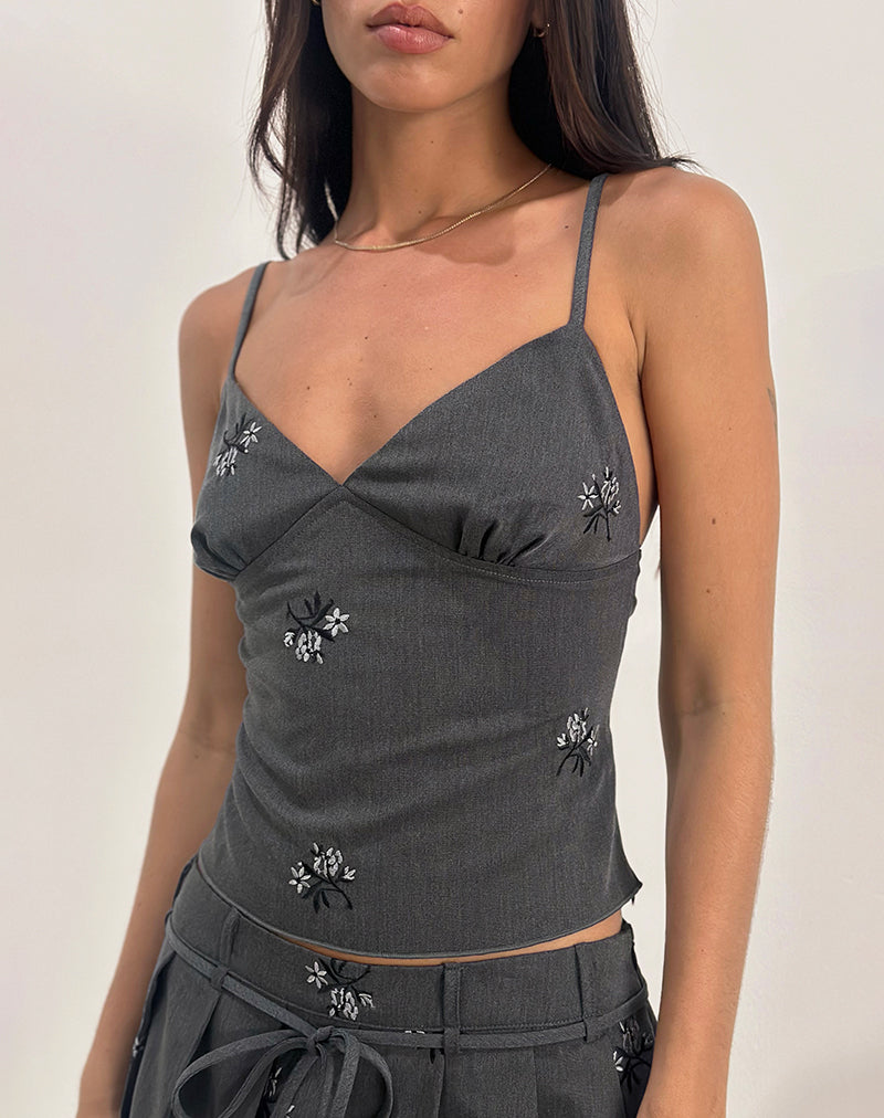 Madira Top in Floral Embroidery Tailoring Charcoal
