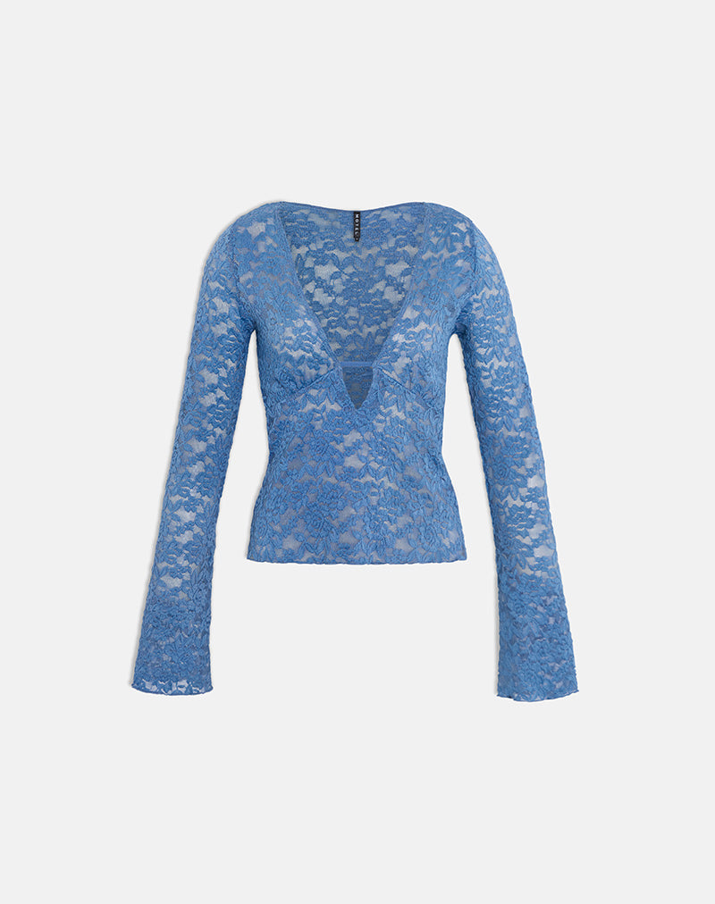 Mahota Deep Plunge Long Sleeve Top in Dark Blue Lace