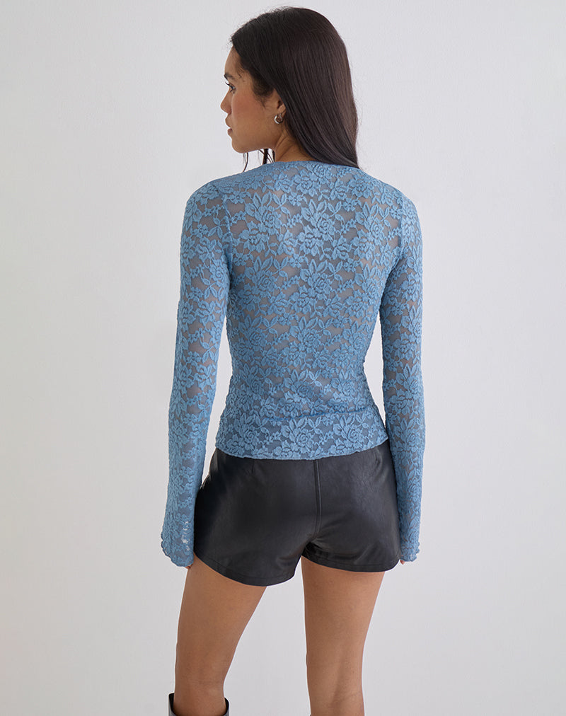 Mahota Deep Plunge Long Sleeve Top in Dark Blue Lace