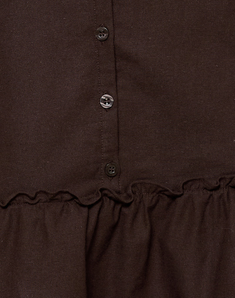 Mailina Linen Button Up Mini Dress in Chocolate Brown