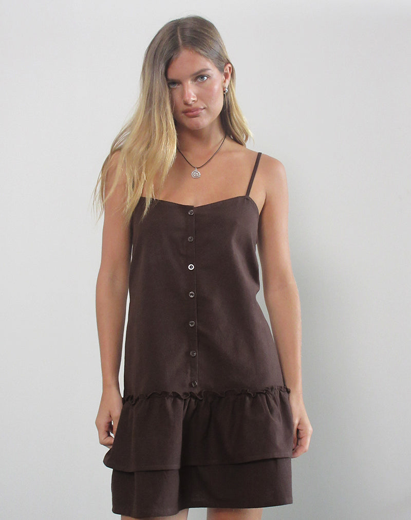 Mailina Linen Button Up Mini Dress in Chocolate Brown