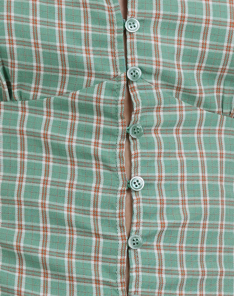 Malsa Scoop Button Blouse in Teal Check