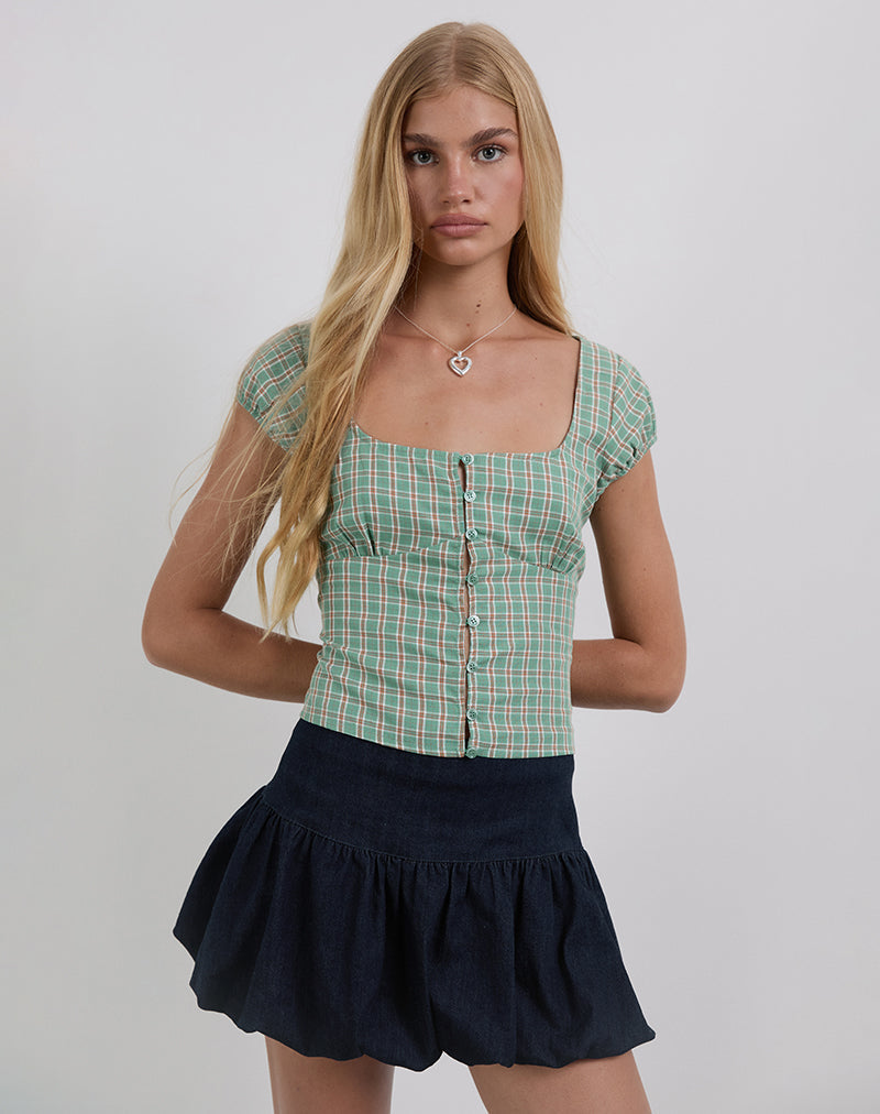 Malsa Scoop Button Blouse in Teal Check