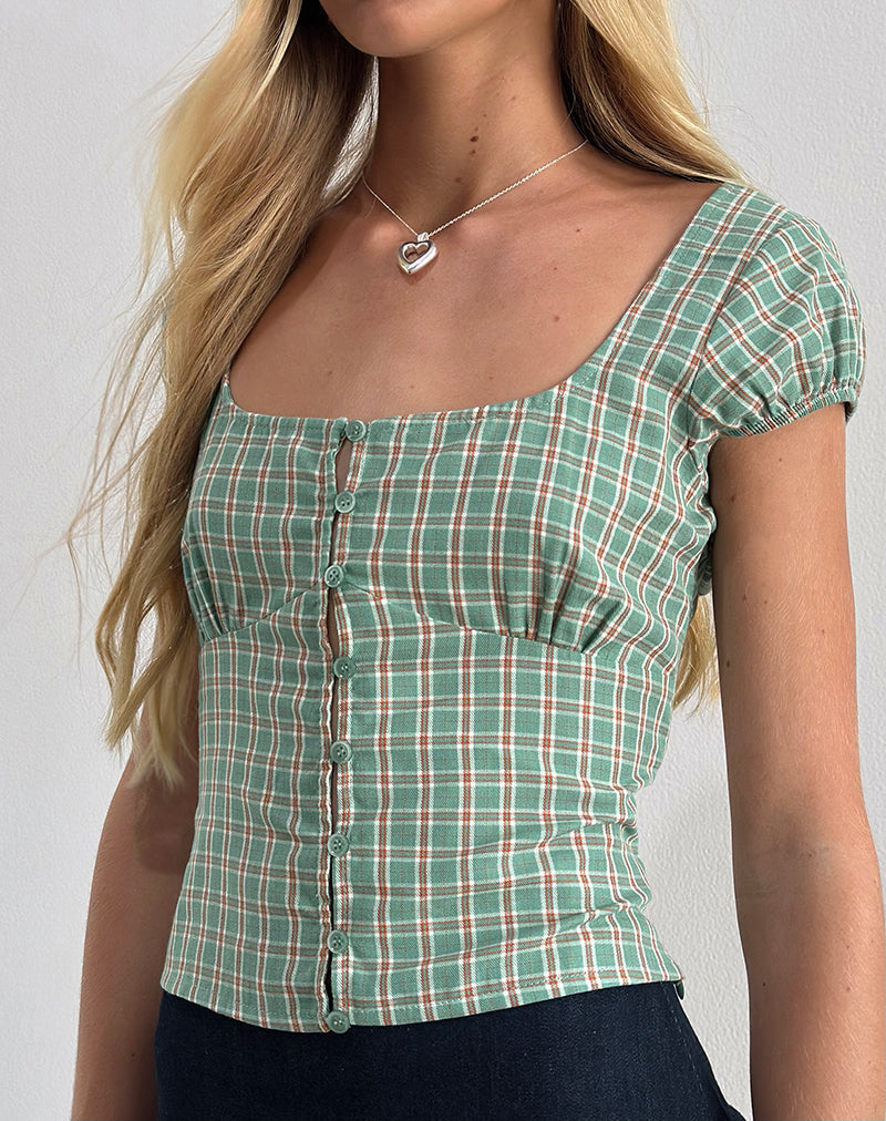 Malsa Scoop Button Blouse in Teal Check