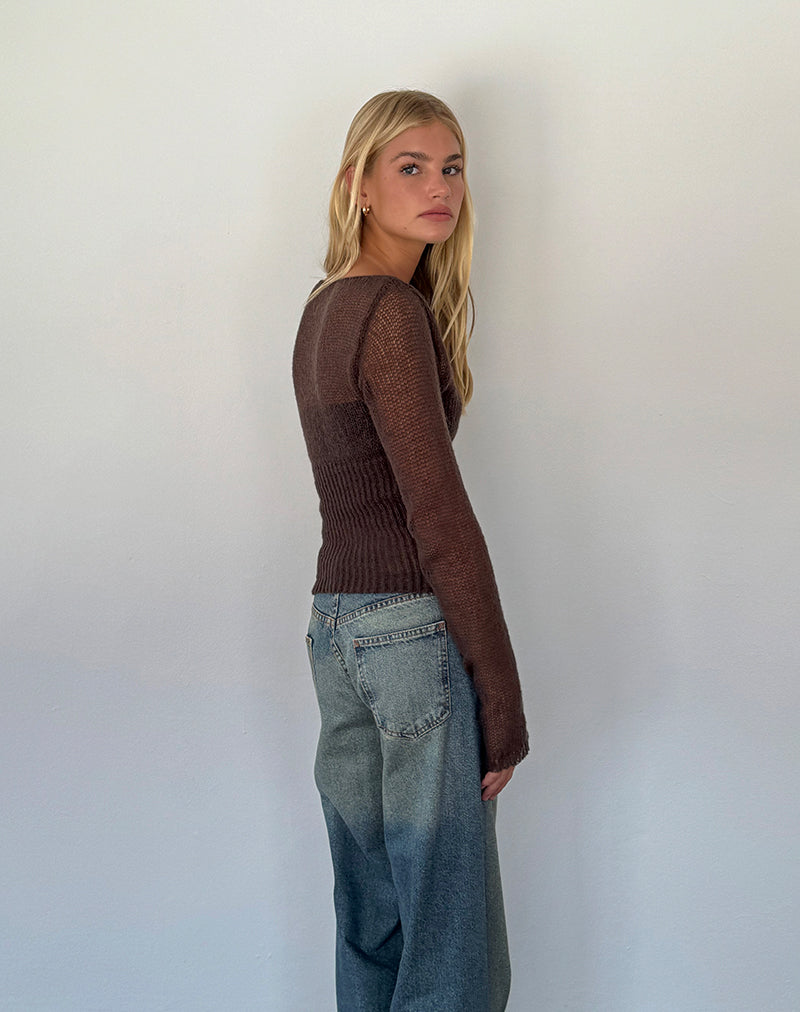 Manon Long Sleeve Sheer Knit Top in Chocolate Brown