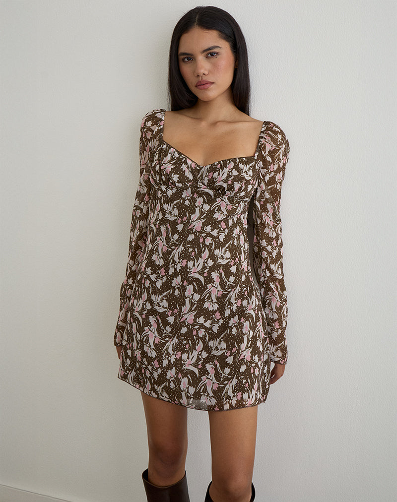 Mariko Dress in Brown and Pink Polka Flower Chiffon