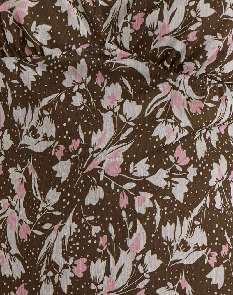 Mariko Dress in Brown and Pink Polka Flower Chiffon