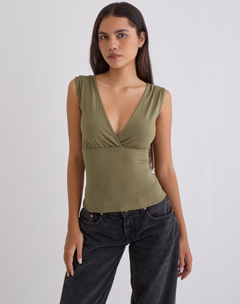 Marti V-Neck Top in Jersey Khaki