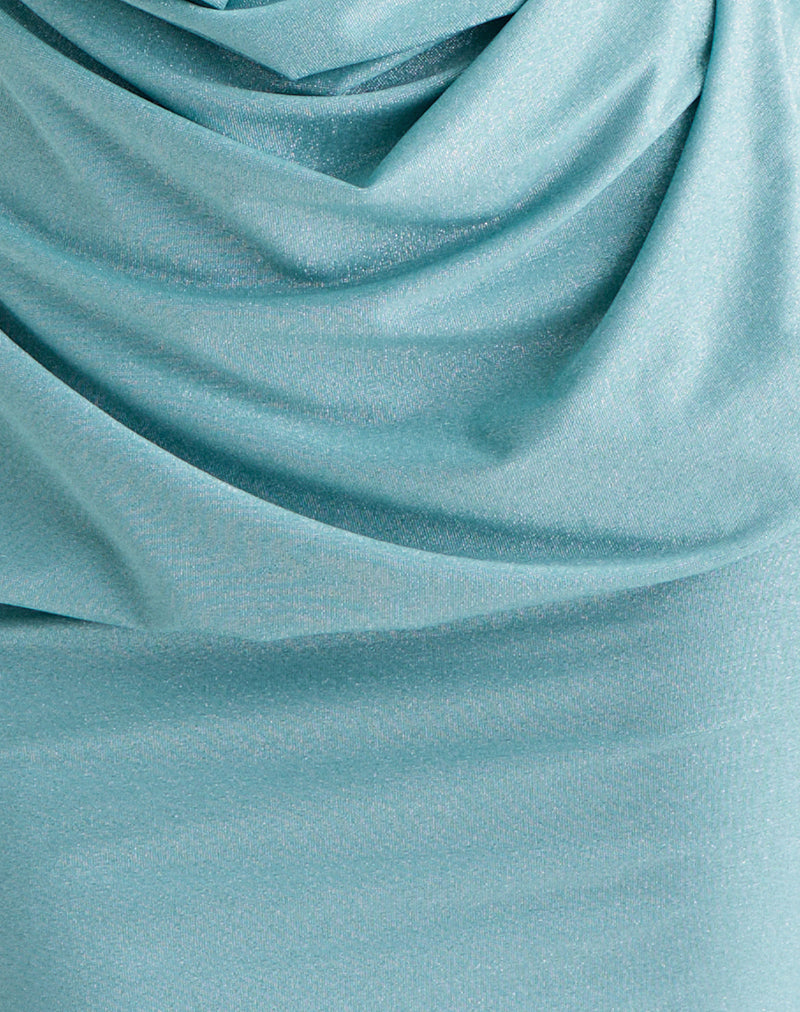 Matana Cowl Neck Mini Dress in Shimmer Lurex Light Blue