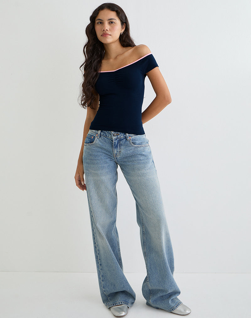 Mayomi Off the Shoulder Top in Navy with Pink Binding