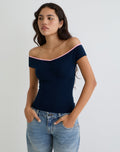 Mayomi Off the Shoulder Top in Navy with Pink Binding
